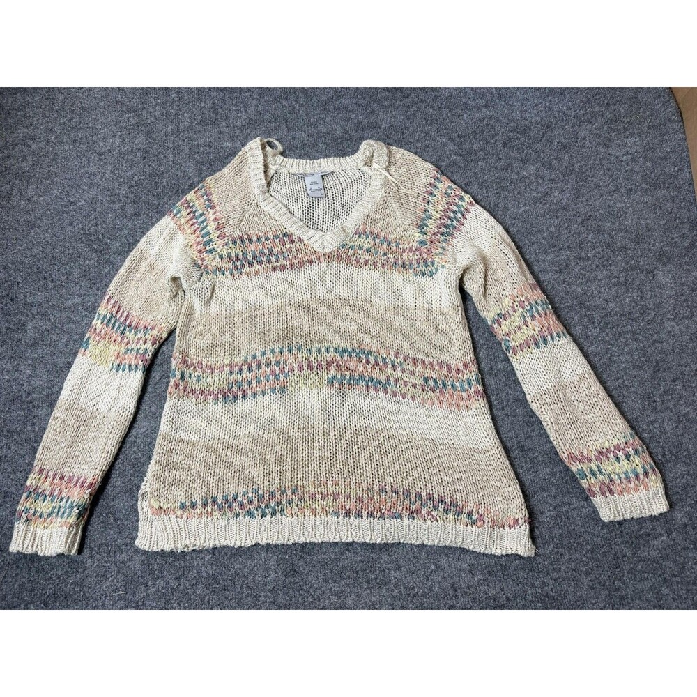 American Rag Cie Sweater Womens L Beige Open Knit V Neck Raglan Pullover